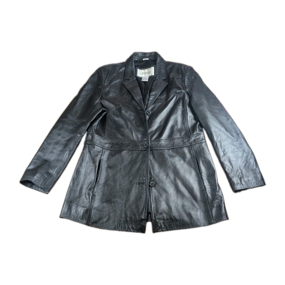 Modern Essentials Women's Large Genuine Black Leather Blazer Jacket Button Front